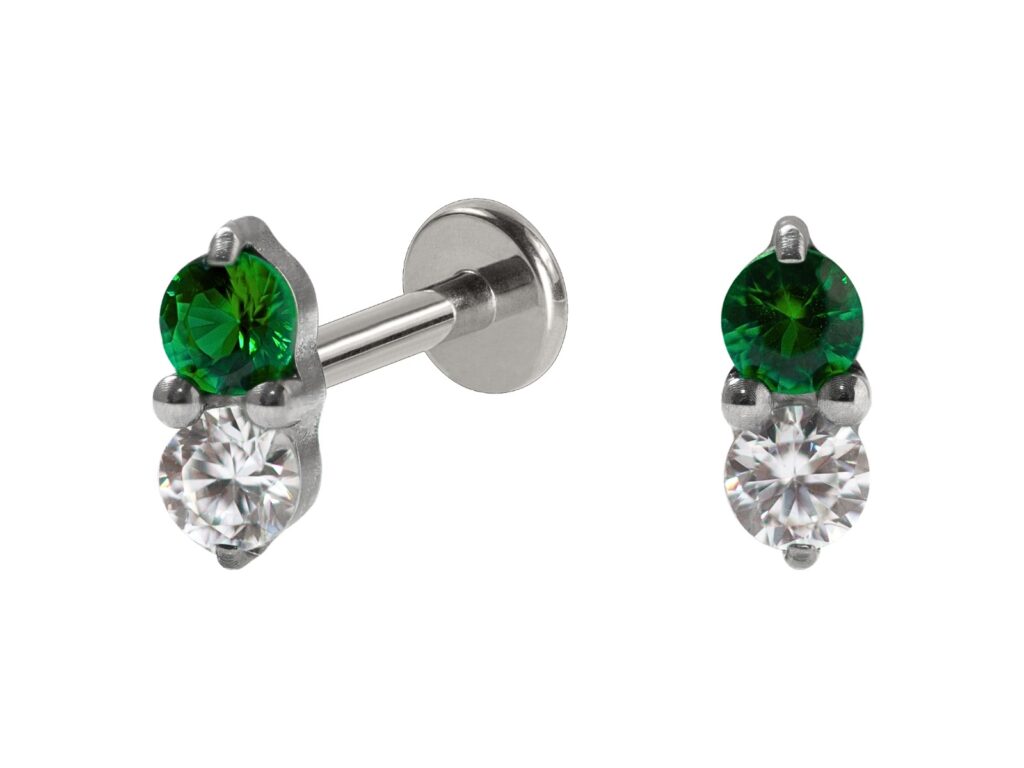 LABRET TITÂNIO R/I 2 PEDRAS ZIRCÔNIA VERDE
