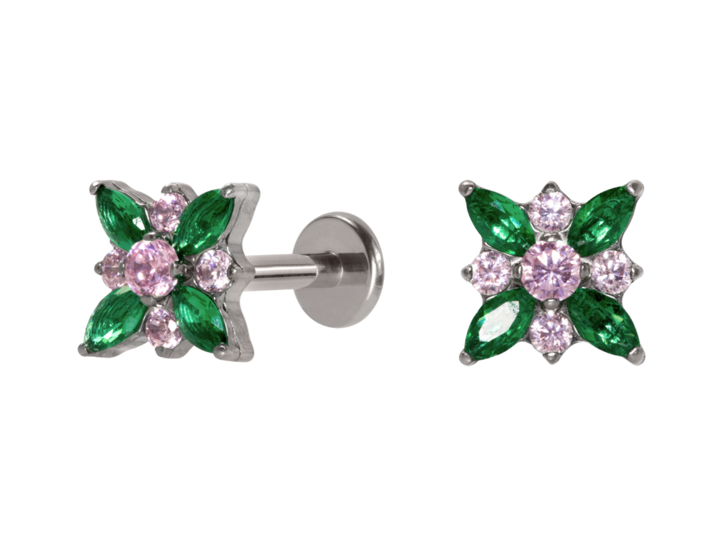 LABRET TITÂNIO R/I ROSA DOS VENTOS C/ ZIRCÔNIA - VERDE/ROSA