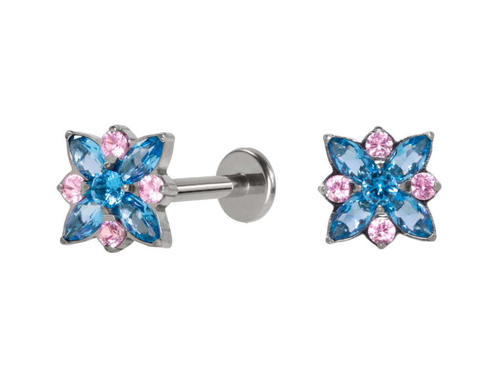 LABRET TITÂNIO R/I ROSA DOS VENTOS C/ ZIRCÔNIA - AZUL/ROSA