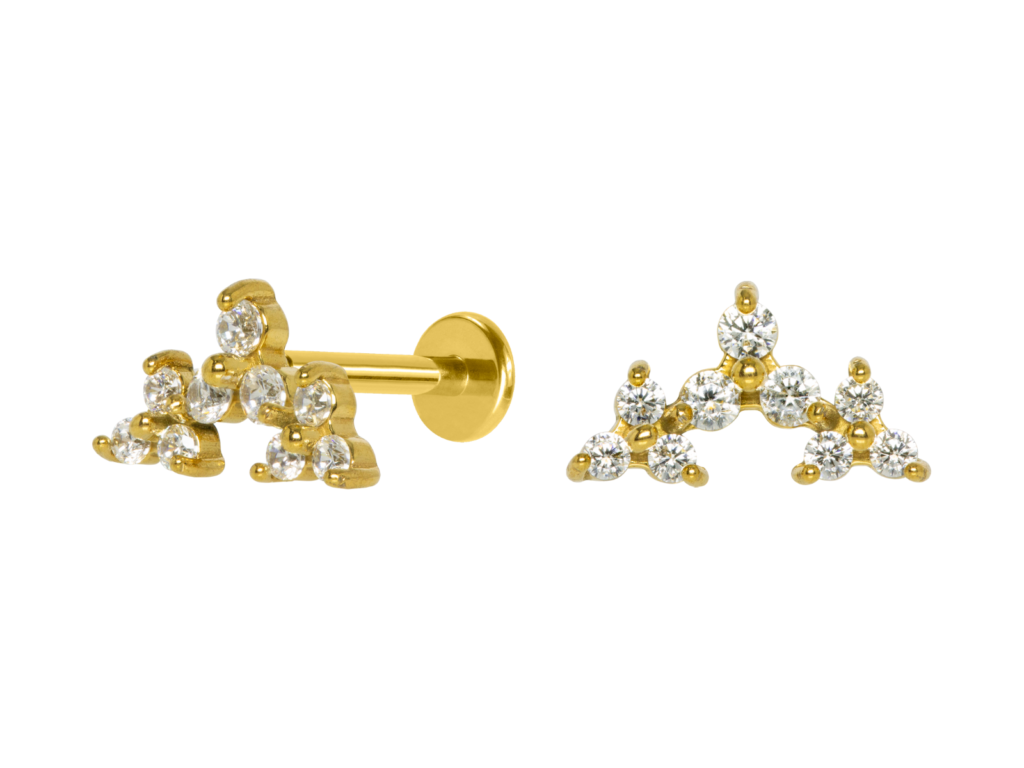 LABRET AÇO R/I CLUSTER TRINITY C/ ZIRCÔNIA - PVD GOLD