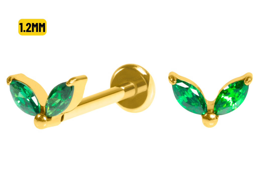 LABRET TITÂNIO PVD GOLD PUSH PIN 2 PÉTALAS MOD2 - VERDE