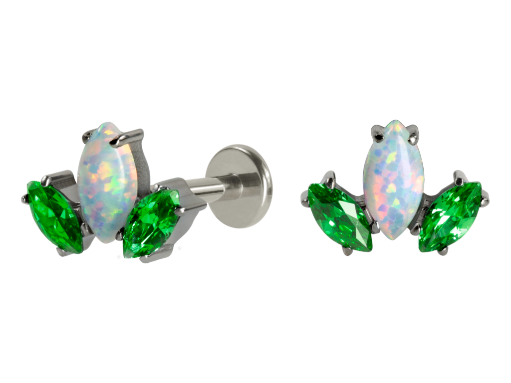 LABRET TITÂNIO R/I LÓTUS C/ ZIRCÔNIA VERDE/ OPALA BOREAL