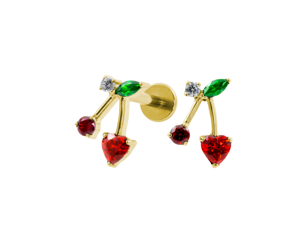 LABRET TITÂNIO PVD GOLD R/I CEREJA C/ ZIRCÔNIA