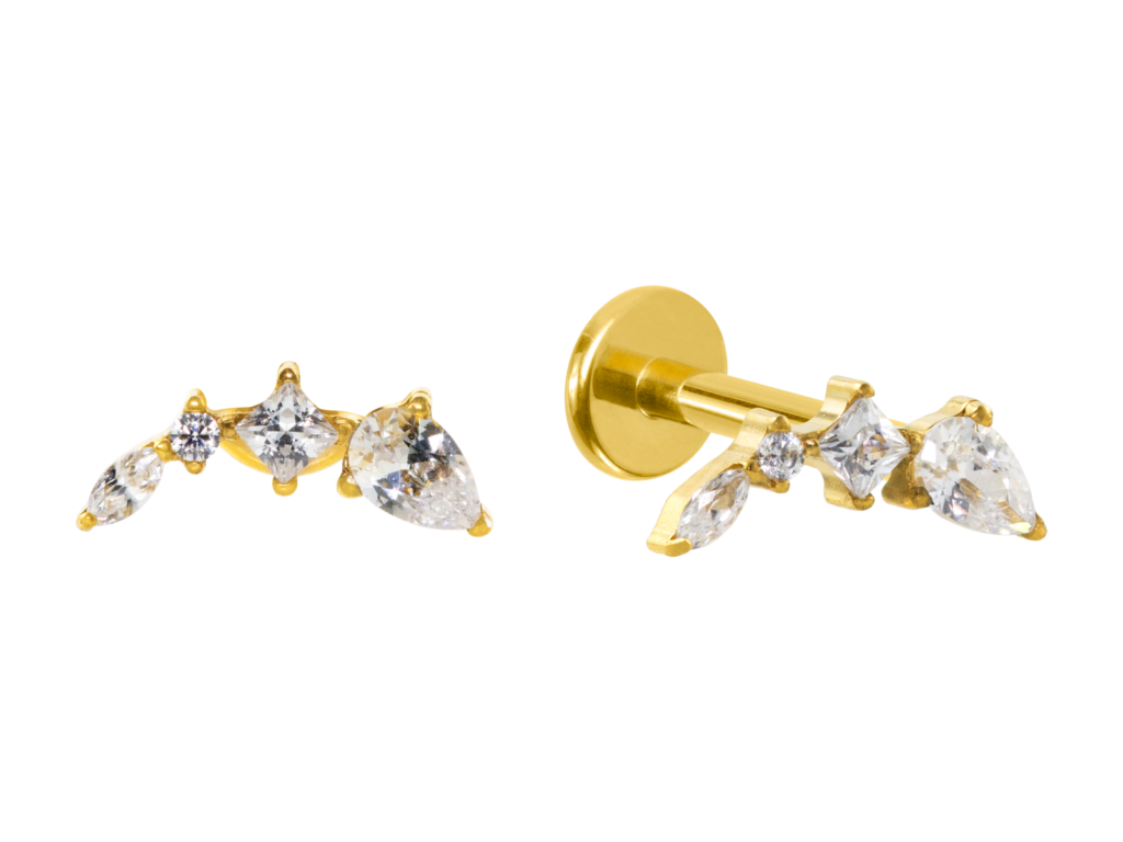 LABRET TITÂNIO PVD GOLD R/I CLUSTER CRAVEJADO C/ ZIRCÔNIA