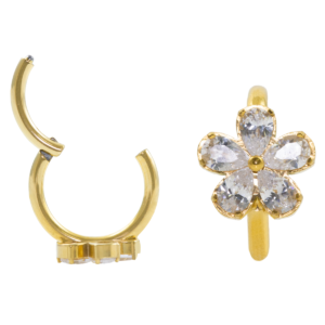 SEGMENTO CLICKER TITÂNIO PVD GOLD FLOR C/ ZIRCÔNIA