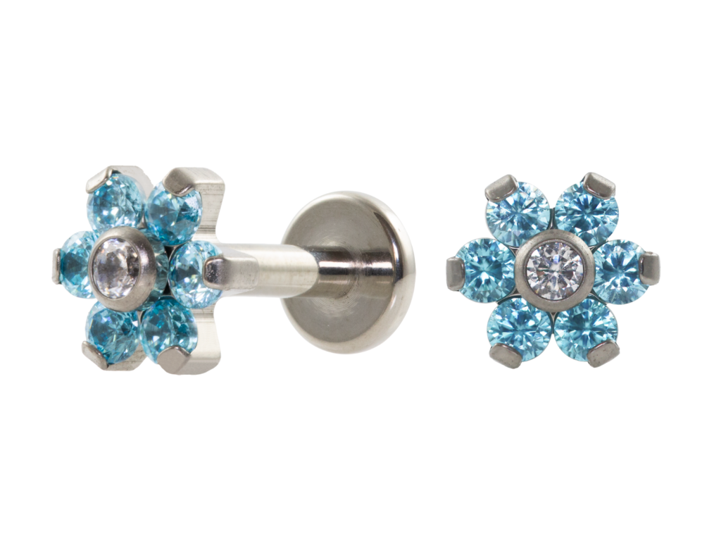 LABRET TITÂNIO R/I FLOR C/ ZIRCÔNIA - AZUL (1.6MM)