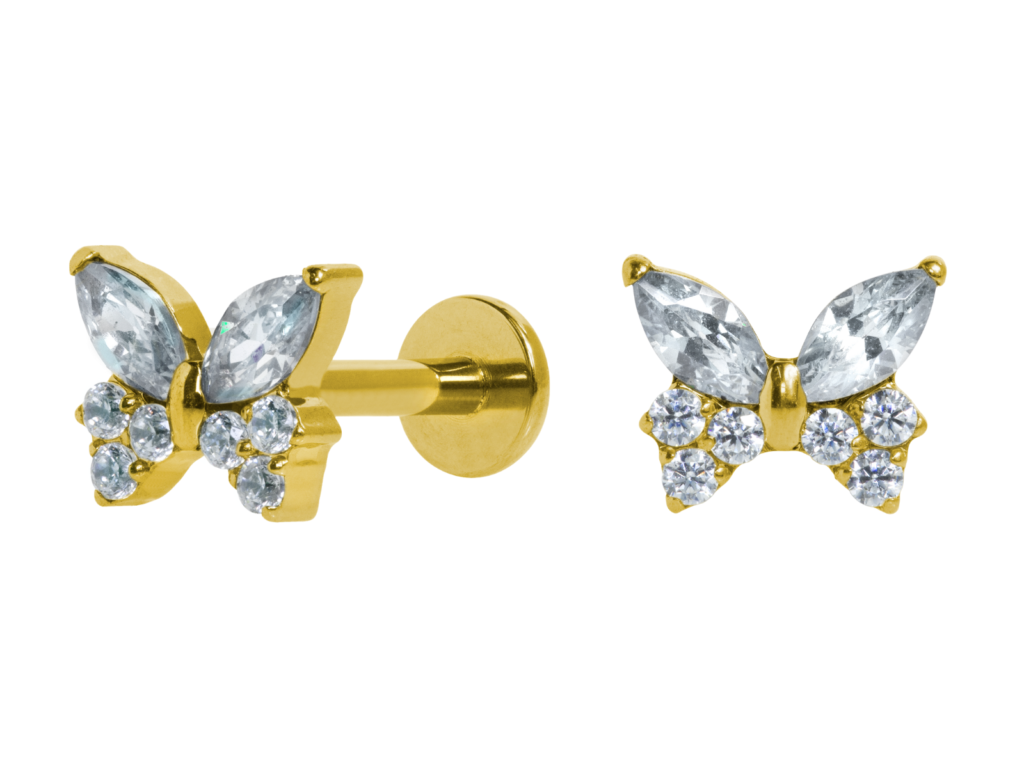 LABRET TITÂNIO PVD GOLD R/I BORBOLETA C/ PEDRA MAIOR