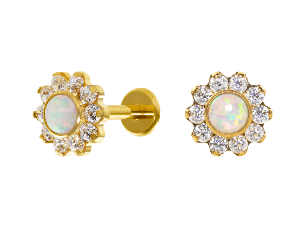 LABRET TITÂNIO R/I FLOR OPALA/ ZIRCÔNIA - PVD GOLD