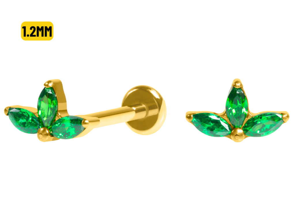 LABRET TITÂNIO PVD GOLD PUH PIN 3 PÉTALAS - VERDE