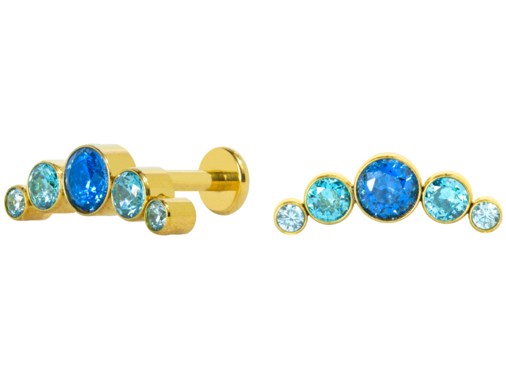 LABRET TITÂNIO PVD GOLD R/I CLUSTER 5 PEDRAS - AZUL