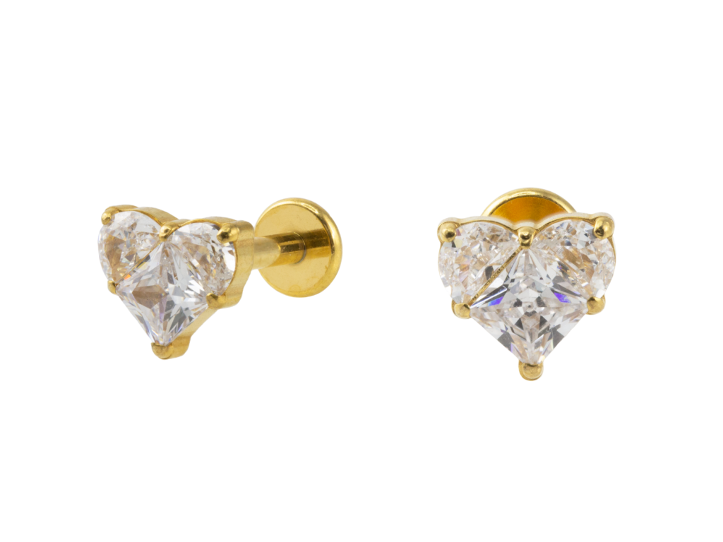 LABRET TITÂNIO PVD GOLD R/I CORAÇÃO C/ ZIRCÔNIA - MAIOR