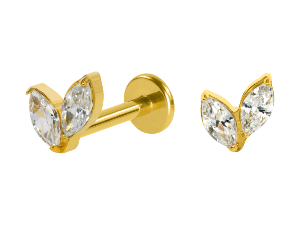 LABRET TITÂNIO PVD GOLD R/I 2 PÉTALAS ZIRCÔNIA