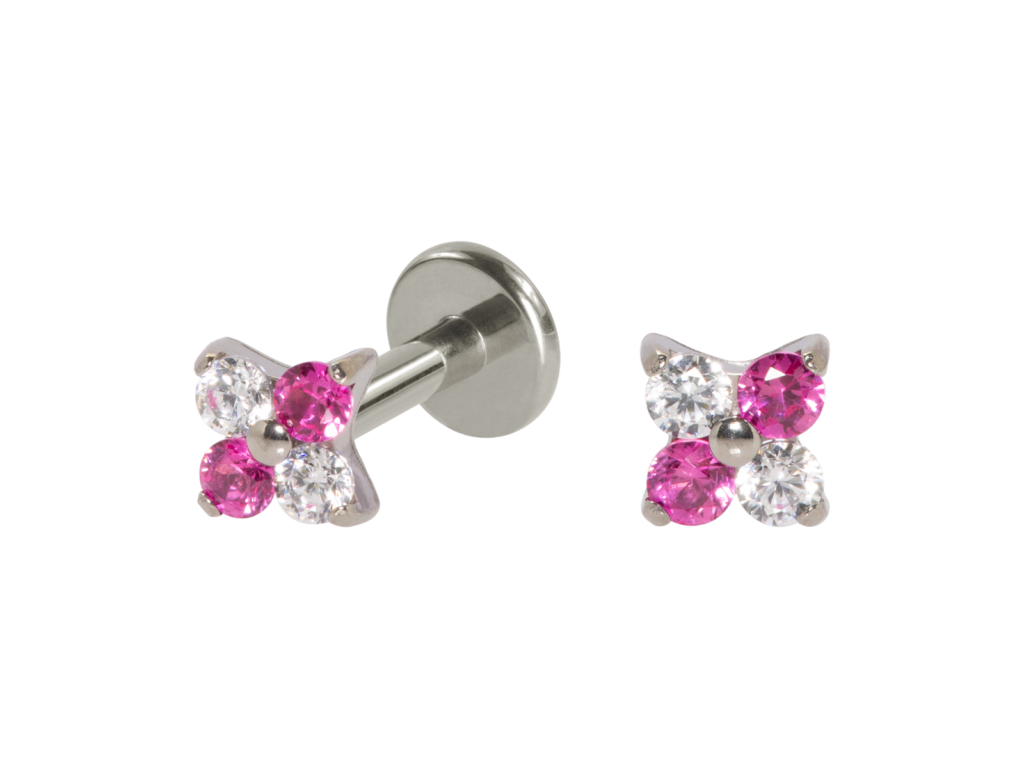 LABRET TITÂNIO R/I FLOR 4 PÉTALAS ROSA / CRISTAL