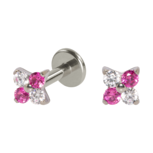 LABRET TITÂNIO R/I FLOR 4 PÉTALAS ROSA / CRISTAL