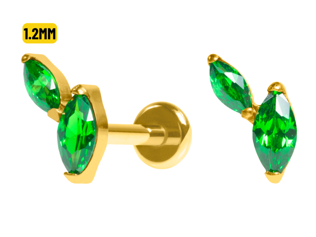 LABRET TITÂNIO PVD GOLD PUH PIN 2 PÉTALAS - VERDE