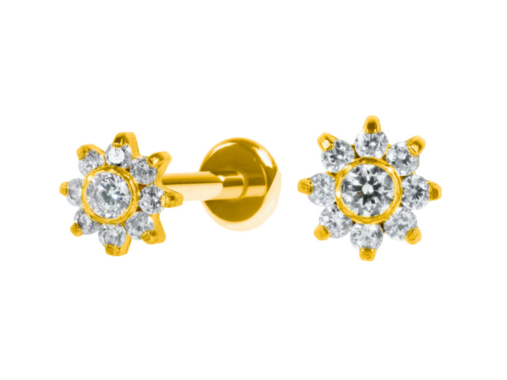 LABRET AÇO R/I FLOR C/ ZIRCÔNIA - PVD GOLD