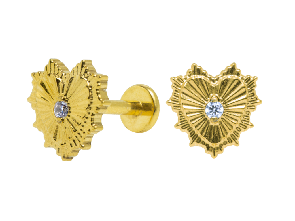 LABRET TITÂNIO PVD GOLD R/I CORAÇÃO DETALHADO C/ ZIRCÔNIA