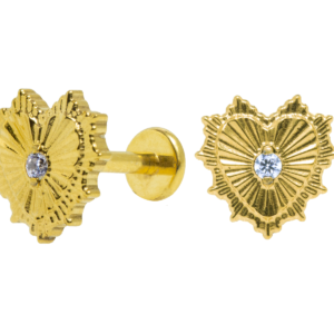 LABRET TITÂNIO PVD GOLD R/I CORAÇÃO DETALHADO C/ ZIRCÔNIA