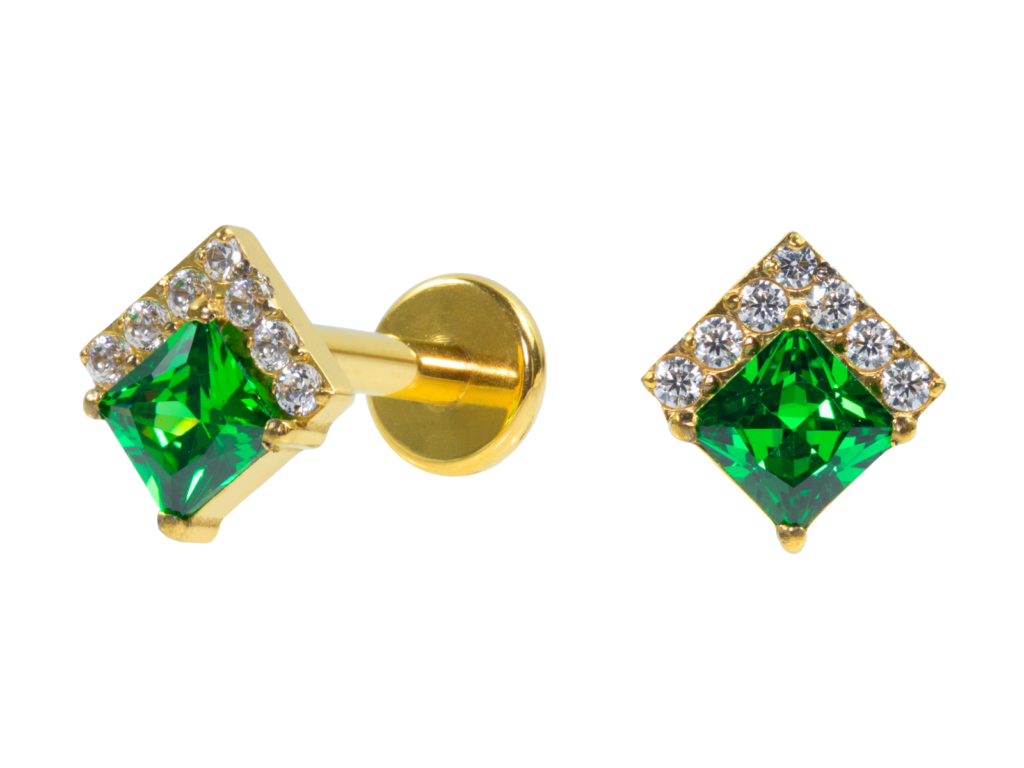LABRET TITÂNIO PVD GOLD R/I QUADRADO C/ ZIRCÔNIA - VERDE