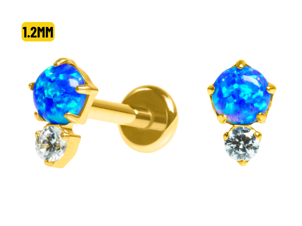 LABRET TITÂNIO PVD GOLD R/I 2 PEDRAS OPALA/ ZIRCÔNIA - AZUL