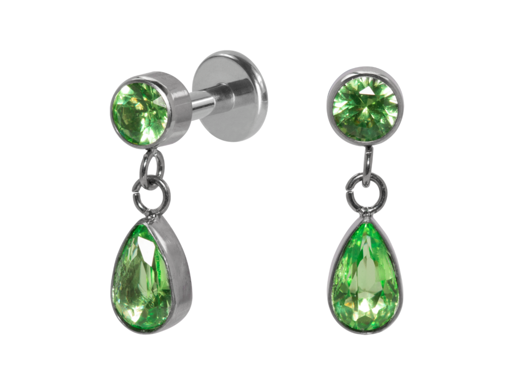 LABRET TITÂNIO R/I C/ PINGENTE ZIRCÔNIA VERDE - 1.2 X 6MM