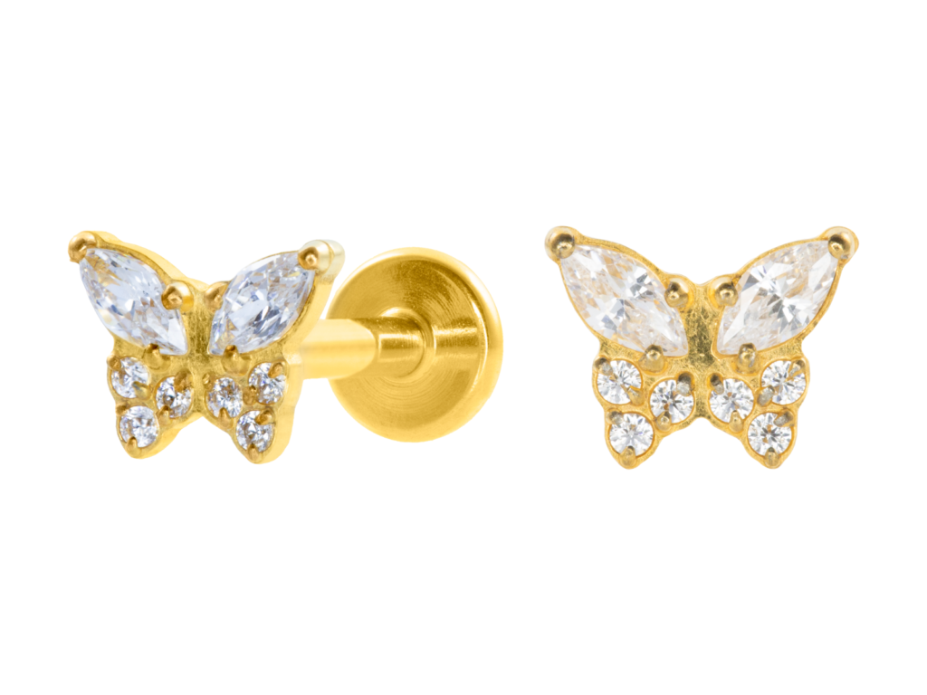 LABRET TITÂNIO PVD GOLD R/I BORBOLETA C/ PEDRA MINI