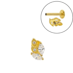LABRET TITÂNIO PVD GOLD R/I FOLHA C/ PEDRA MOD1