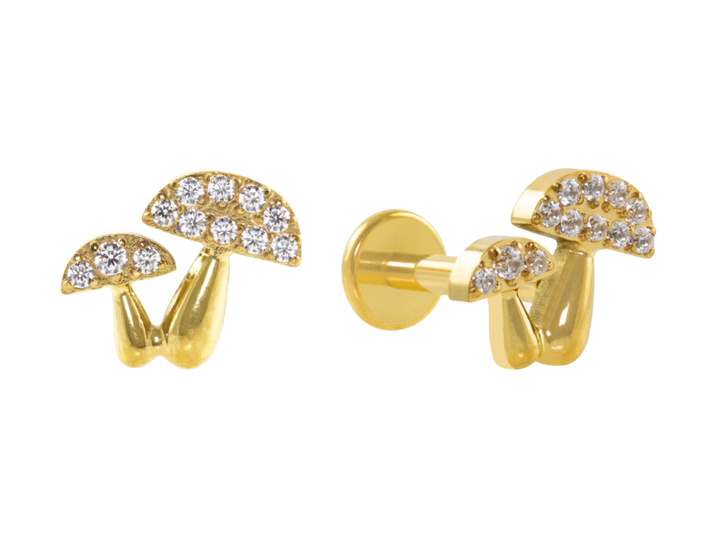 LABRET TITÂNIO PVD GOLD R/I COGUMELOS CRAVEJADOS C/ ZIRCÔNIA