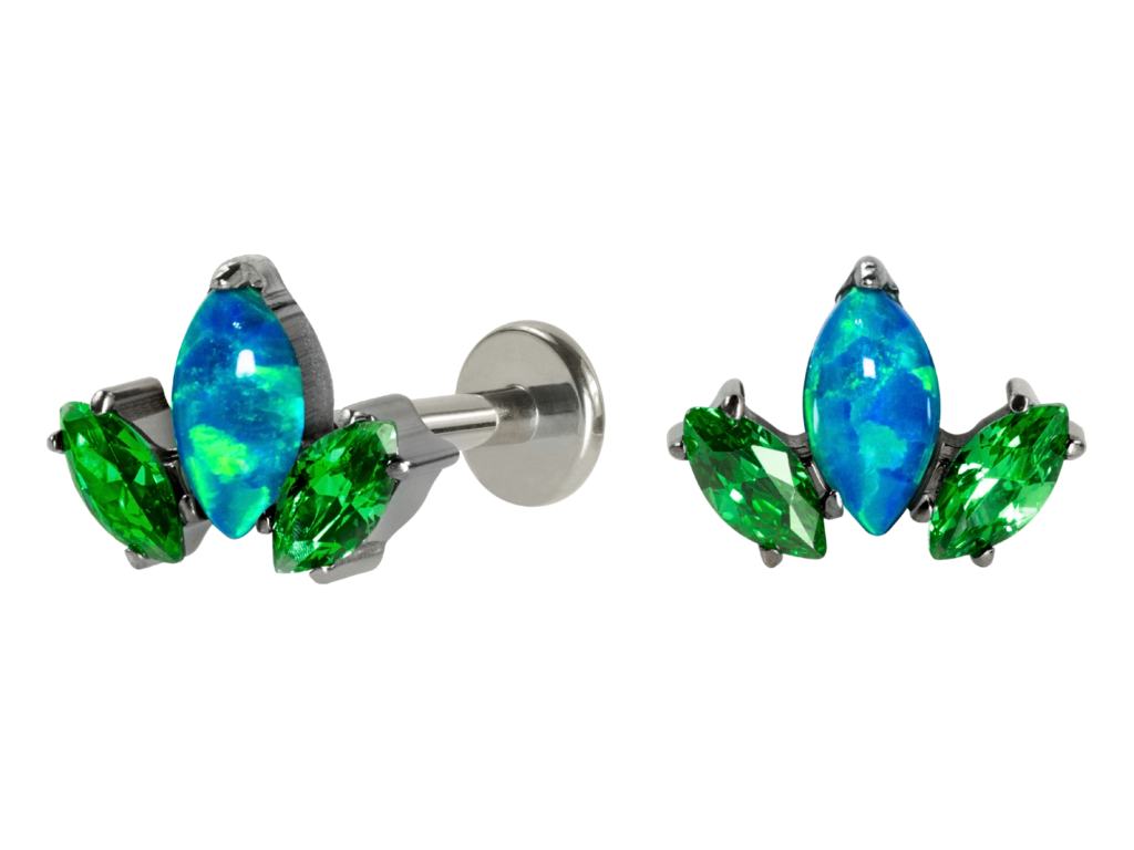 LABRET TITÂNIO R/I LÓTUS C/ ZIRCÔNIA VERDE/ OPALA AZUL