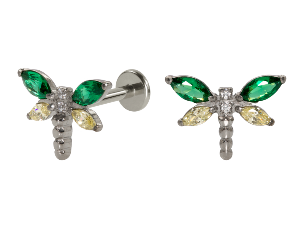 LABRET TITÂNIO R/I LIBÉLULA C/ ZIRCÔNIA - VERDE / AMARELO