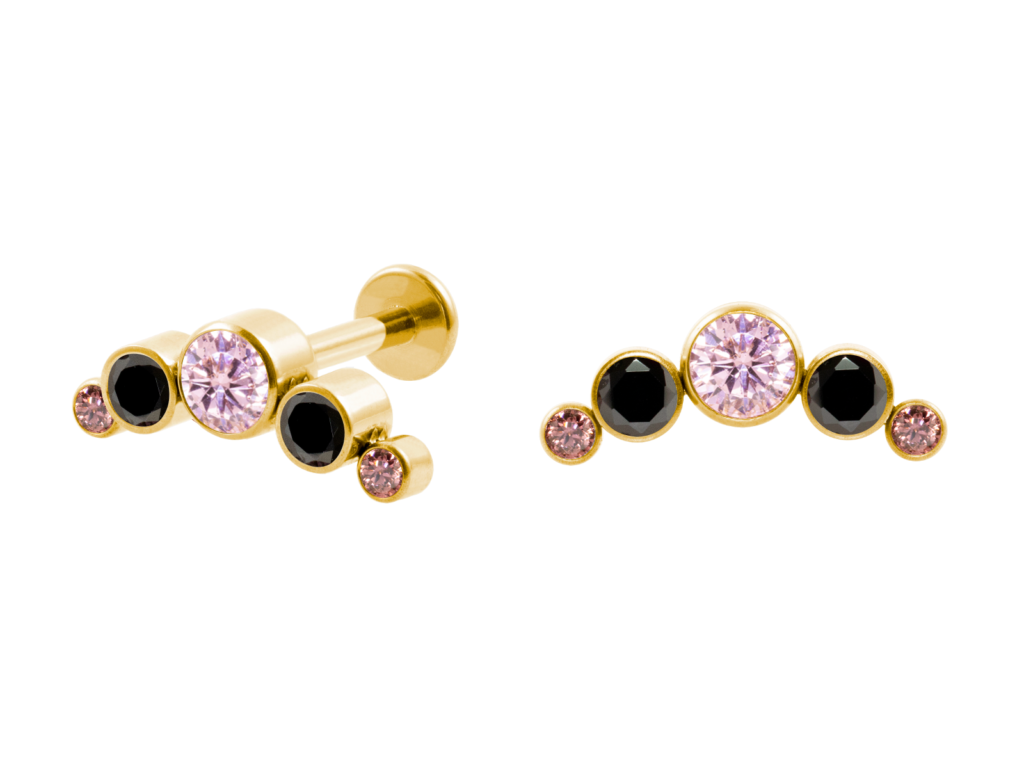 LABRET TITÂNIO PVD GOLD R/I CLUSTER 5 PEDRAS - PRETO/ ROSA