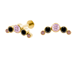 LABRET TITÂNIO PVD GOLD R/I CLUSTER 5 PEDRAS – PRETO/ ROSA