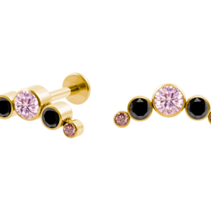 LABRET TITÂNIO PVD GOLD R/I CLUSTER 5 PEDRAS - PRETO/ ROSA