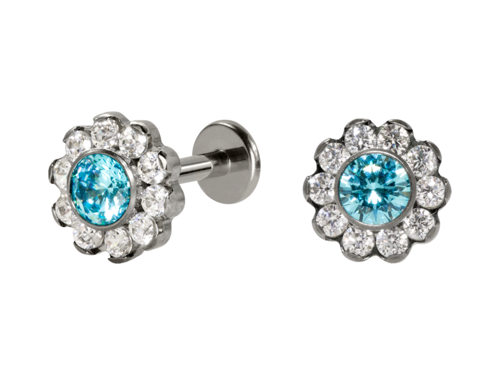 LABRET TITÂNIO R/I FLOR C/ ZIRCÔNIA MOD3 - CRISTAL/ AZUL