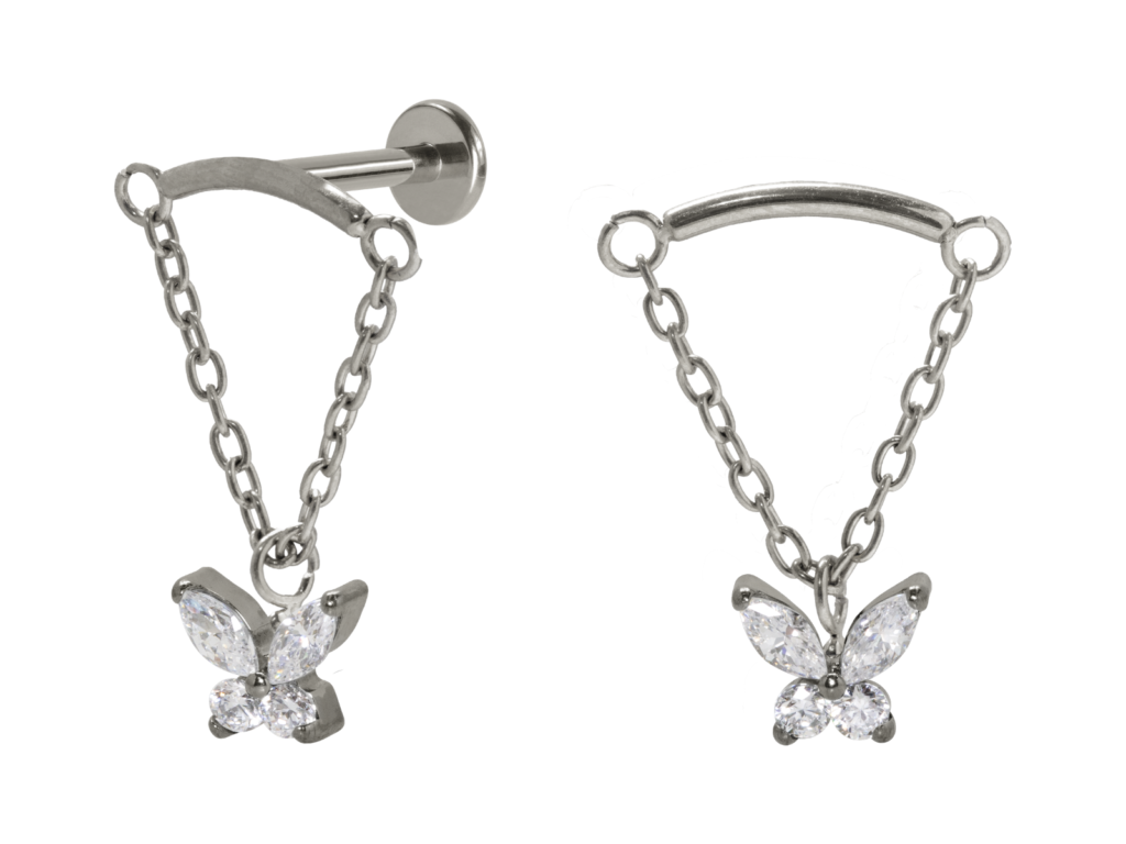 LABRET TITÂNIO R/I BARRA C/ CORRENTE E BORBOLETA