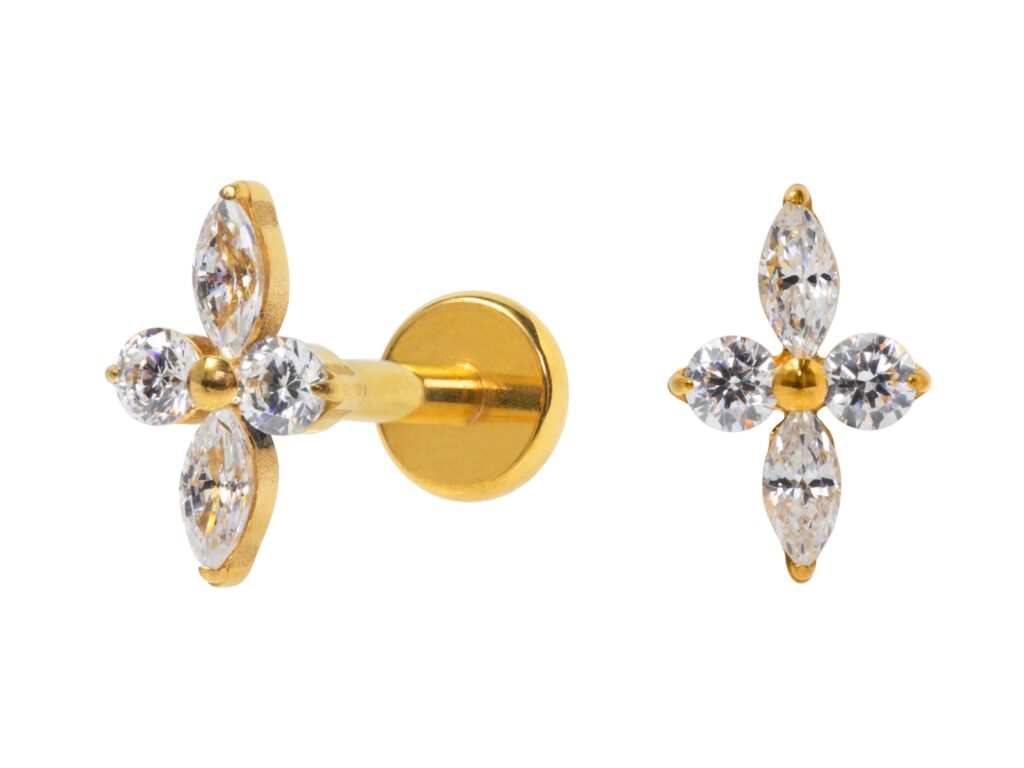 LABRET TITÂNIO PVD GOLD R/I 4 ZIRCÔNIAS