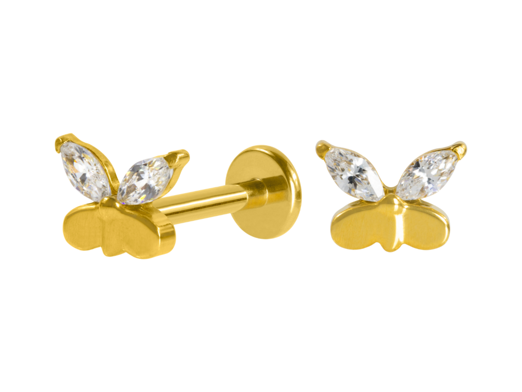 LABRET TITÂNIO R/I BORBOLETA C/ ZIRCÔNIA MOD3 - PVD GOLD