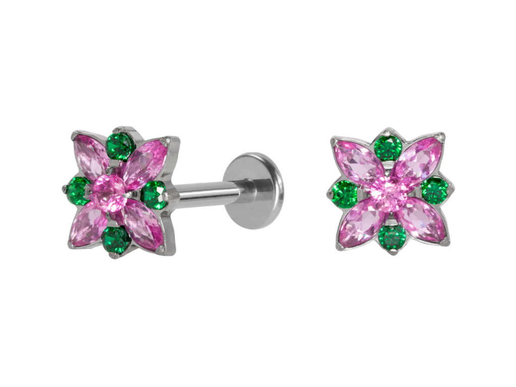LABRET TITÂNIO R/I ROSA DOS VENTOS C/ ZIRCÔNIA - ROSA / VERDE