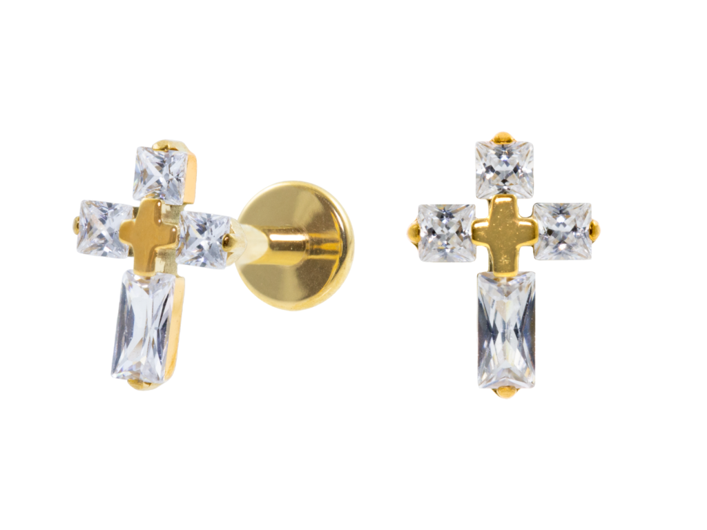LABRET TITÂNIO PVD GOLD R/I CRUZ C/ ZIRCÔNIA