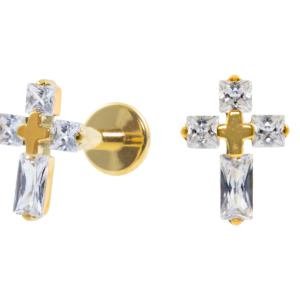 LABRET TITÂNIO PVD GOLD R/I CRUZ C/ ZIRCÔNIA