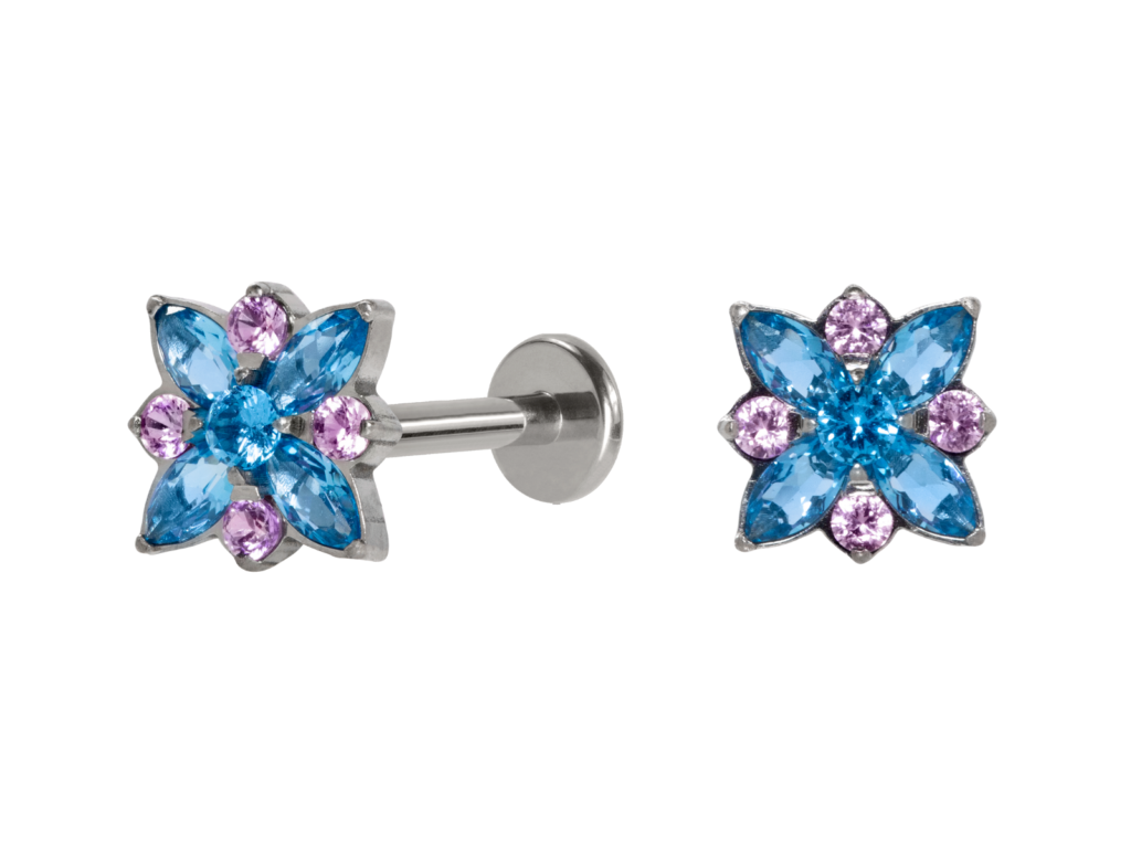LABRET TITÂNIO R/I ROSA DOS VENTOS C/ ZIRCÔNIA - AZUL/LILÁS