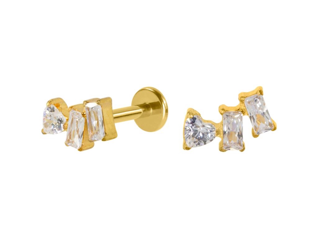 LABRET TITÂNIO R/I CLUSTER 3 ZIRCÔNIAS - PVD GOLD