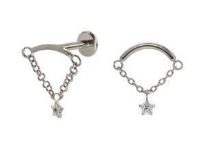 LABRET TITÂNIO R/I BARRA C/ CORRENTE E FLOR MINI