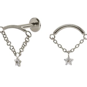 LABRET TITÂNIO R/I BARRA C/ CORRENTE E FLOR MINI