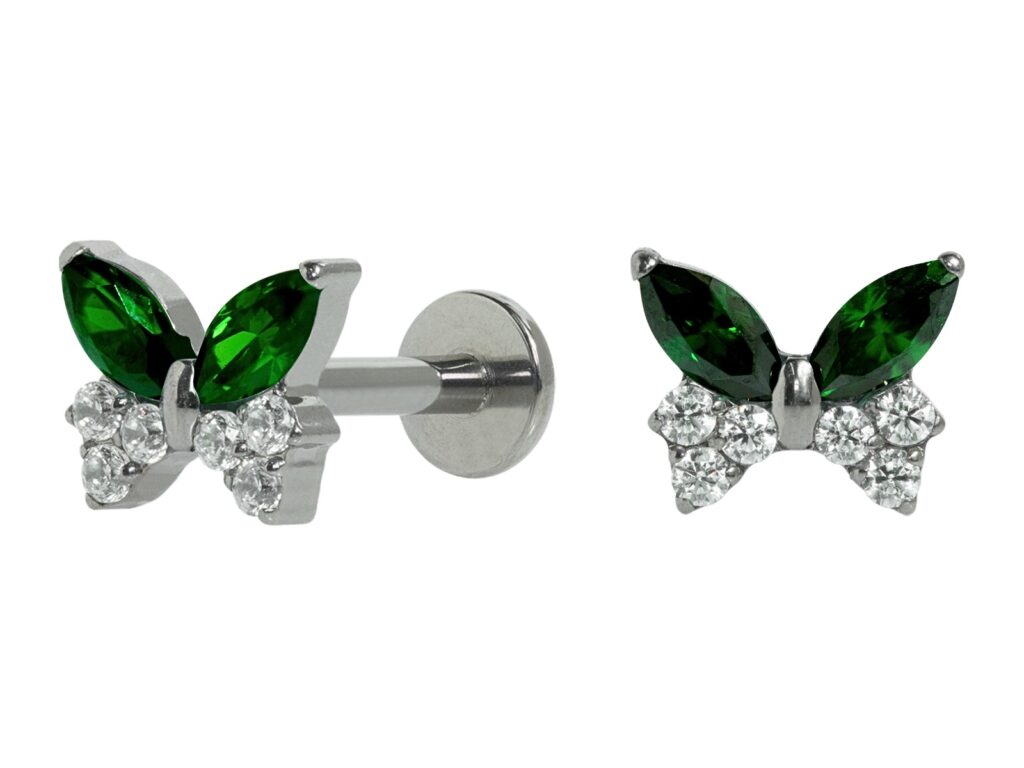 LABRET TITÂNIO R/I BORBOLETA C/ ZIRCÔNIA MAIOR - VERDE