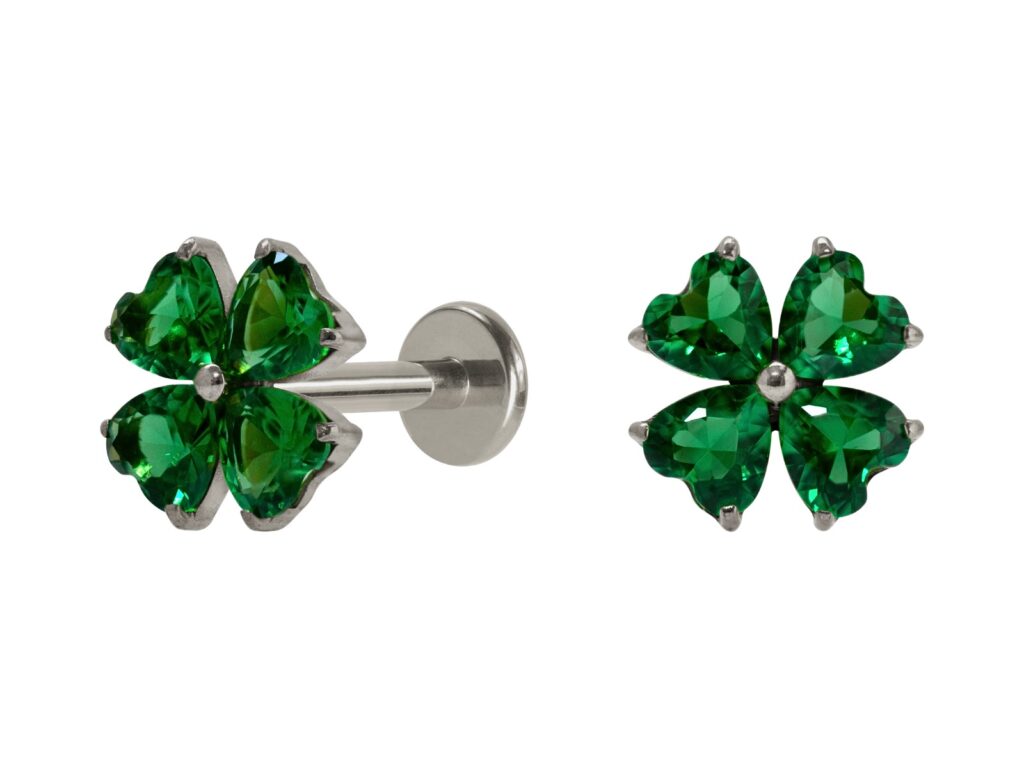 LABRET TITÂNIO R/I TREVO DE 4 FOLHAS VERDE