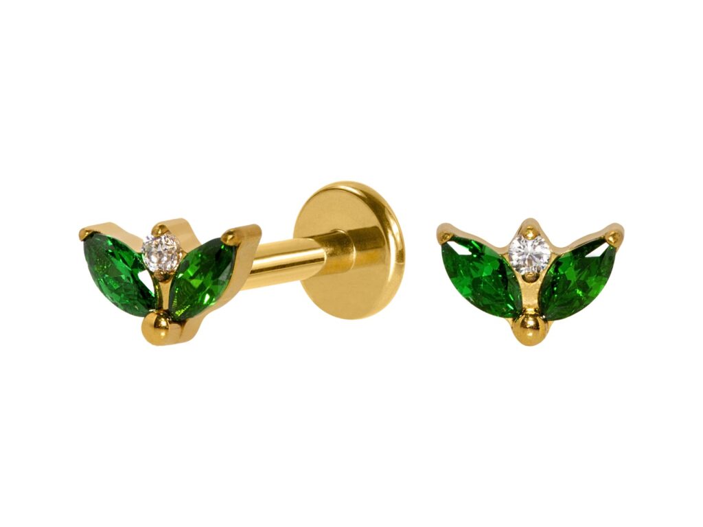 LABRET TITÂNIO PVD PUSH PIN 2 PÉTALAS - VERDE