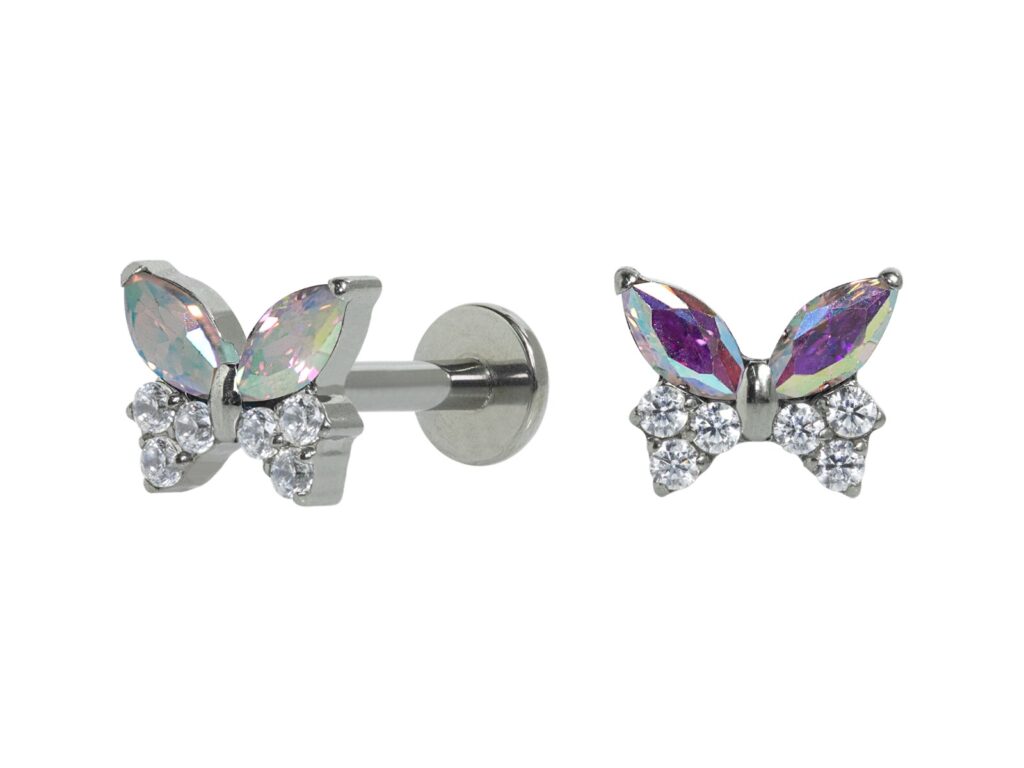 LABRET TITÂNIO PUSH PIN BORBOLETA C/ ZIRCÔNIA/ BOREAL - 7/5.5MM