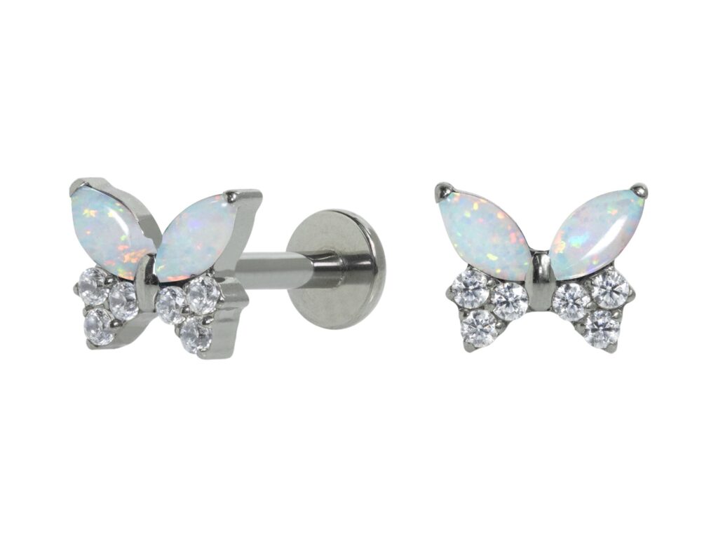 LABRET TITÂNIO PUSH PIN BORBOLETA C/ ZIRCÔNIA/ OPALA BOREAL - 7/5.5MM