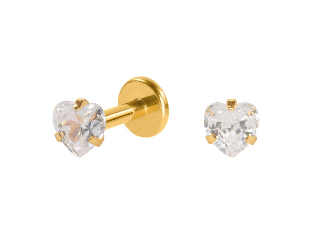 LABRET TITÂNIO PVD PUSH PIN CORAÇÃO C/ ZIRCÔNIA 3MM